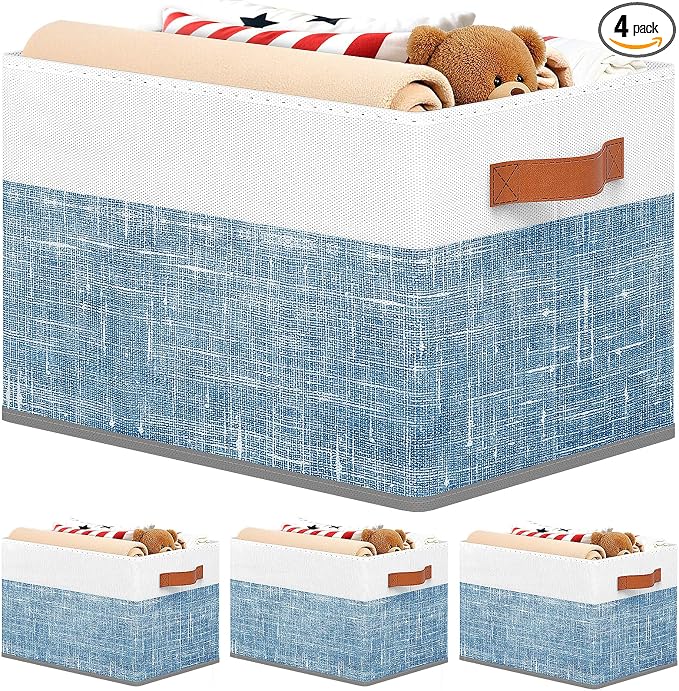 Fab totes Collapsible Storage Baskets for Shelves,14"x10", 4 Pack Foldable Fabric Storage Bins with Double Leather Handles, Large Baskets for Organizing Books, Clothes, White & Blue