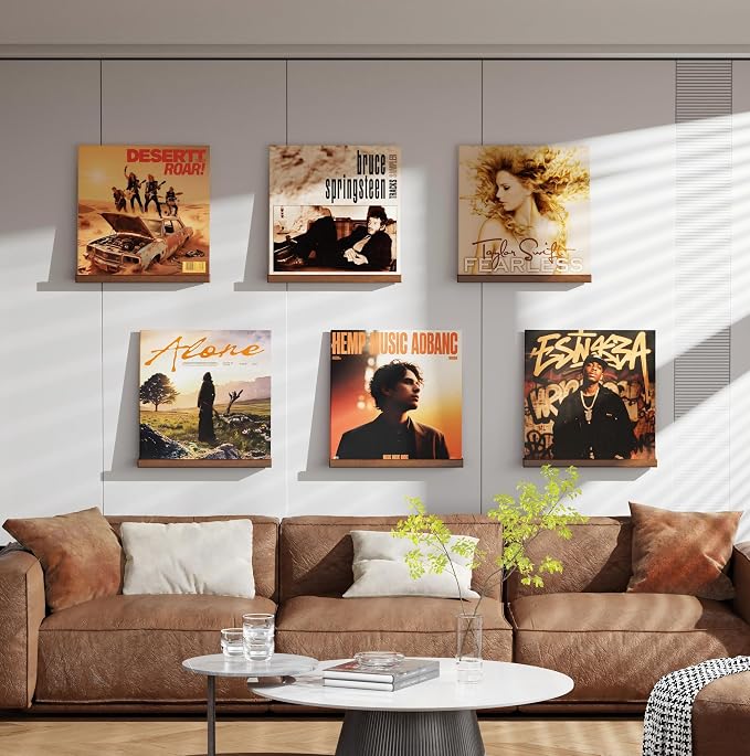 Emfogo Vinyl Record Shelf Wall Mount, 6 Pack Album Record Holder Wall, 12 inch Vinyl Record Storage Shelves Wall, Wood Record Display for Living Room (Walnut)