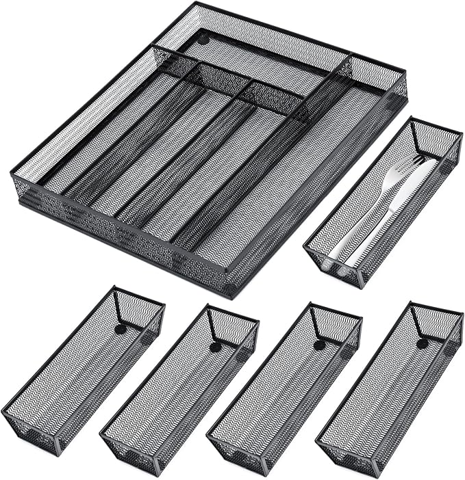 Neudeco Drawer Organizer Set, Black Mesh, 6 Pack | 5-Compartment Silverware Organizer Tray, 5 Utensil Trays, For Flatware, Cutlery, Office Supplies, Non-Slip