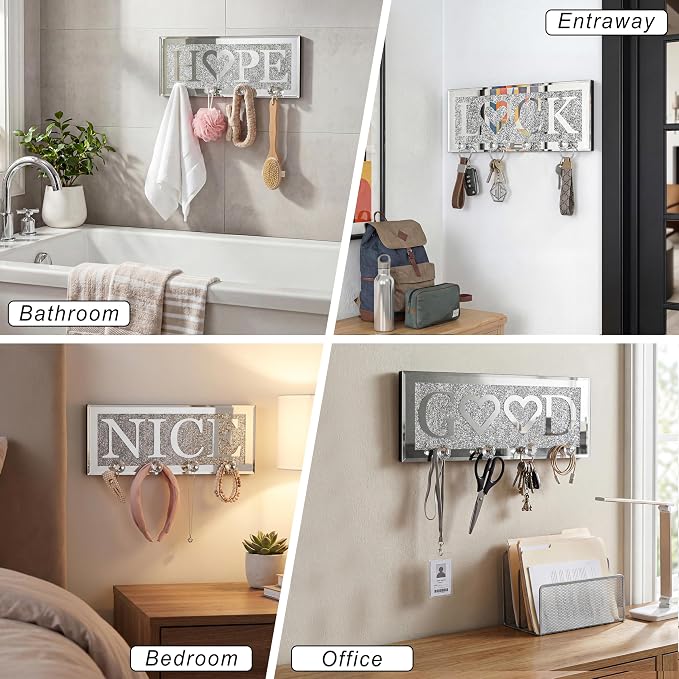SHYFOY Crystal Clear Hooks Key Holder Key Hanger, Sparkly Mirrored Home Letters Plaque Sign for Decor, Silver Mirror Decoration Wall Art for Entryway Hallway Living Room, Nice Letter