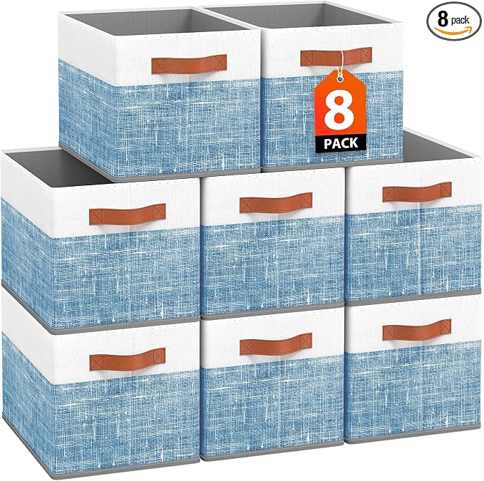 Fab totes Collapsible Storage Baskets for Shelves,14"x10", 8 Pack Foldable Fabric Storage Bins with Double Leather Handles, Large Baskets for Organizing Books, Clothes, White & Blue