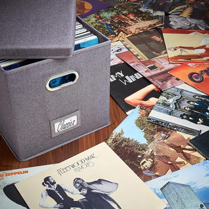 ZICOTO Decorative Vinyl Record Storage Box for 50+ Single Records - Sturdy and Easy to Carry LP Holder with Lid - The Perfect Storage Crate for Your Valuable Album Collection