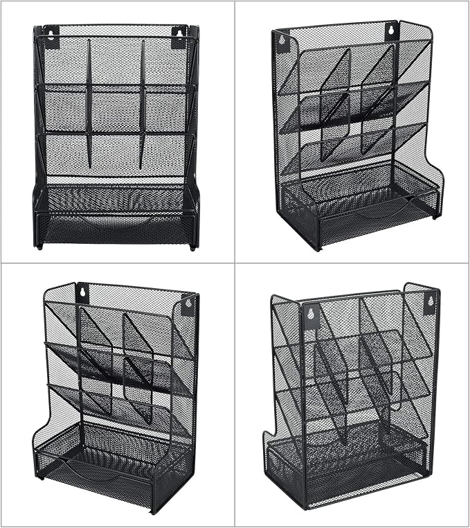 PAG Desk Organizer with Drawer Office Supplies and Accessories Storage Caddy Hanging Wall Shelf Metal Mesh Pencil Holder for Kids, 9 Compartments, Black