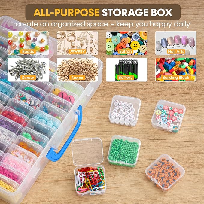 Bead Organizer with Handle, 60Pcs Small Clear Bead Storage Boxes with Labels, Large Craft Case and Mini Plastic Dispensing Containers for Jewelry Making Diamonds Arts Screws Seeds Small Parts