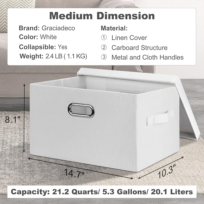 Graciadeco Medium 15" 21 Quart Collapsible Stackable Storage Bins with Lids, 3 Packs White Foldable Fabric Closet Boxes Heavy-duty Linen Cube Baskets Container for Bedroom Office (15 x 11 x 8)