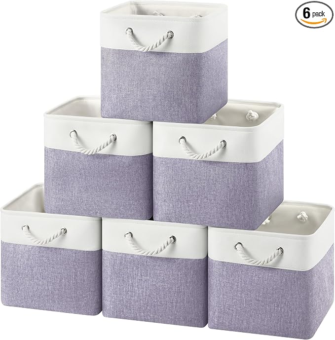 12x12 Storage Cube Bins, 6 Pack Reinforced Bottom Cardboard Foldable Box, Organizer for Closet Shelves, Heavy Home Storage Baskets (White Purple)