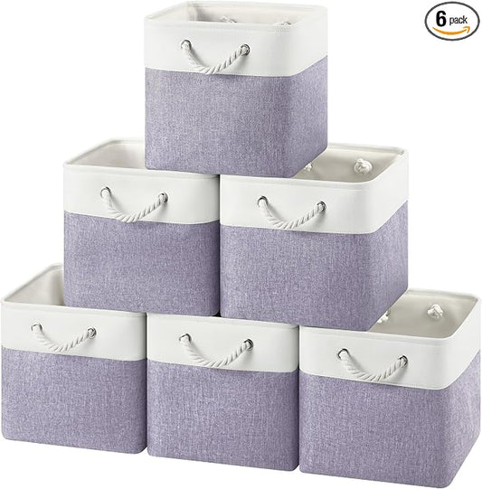 12x12 Storage Cube Bins, 6 Pack Reinforced Bottom Cardboard Foldable Box, Organizer for Closet Shelves, Heavy Home Storage Baskets (White Purple)