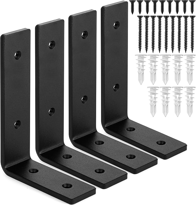 Premium Heavy-Duty Shelf Brackets - Quarter Inch (1/4') Thick - Rustic Industrial Modern Farmhouse Black Iron Finish Shelf Holder Hanger Bracket w/ Hardware, 4-PK - Multiple (6' x 4')