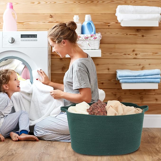 XUANGUO Large Rectangle Blankets Basket Living Room 22"x17"x12" Woven Cotton Rope Storage Basket for Nursery Toy Baskets for Kids and Dogs Wicker Laundry Baskets Bin for Clothes Towels dark green