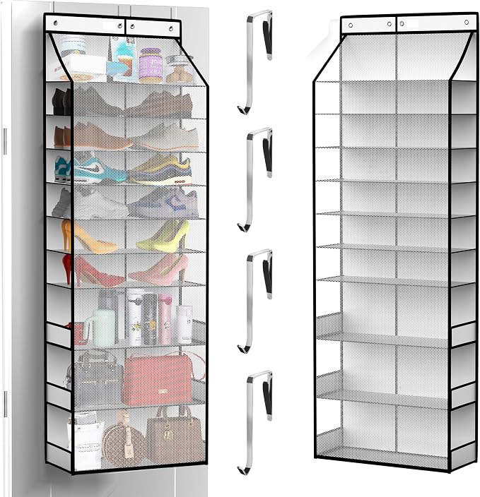 PAULONE Over the Door Organizer Heavy Duty – 96 Lbs Capacity 20 Pair Shoe Rack with Multi-Size Pockets Fits Tall Boots up to 11.8", Breathable Mesh, Metal Hooks – Also for Bags, Toys, Toiletries