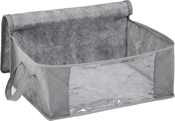 Amazon Basics Foldable Large Clothes Storage Bags with Clear Window & Carrying Handles, Closet Organizers, Zipper, 3-Pack, Gray