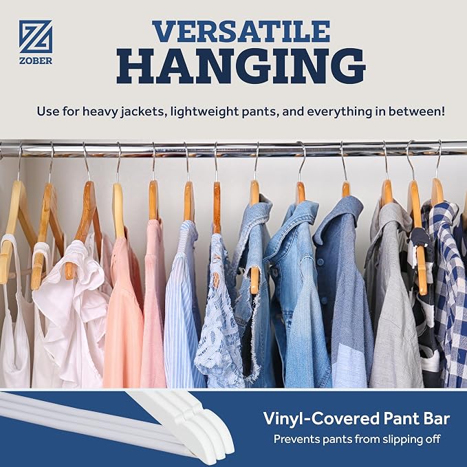ZOBER White Wooden Hangers - Heavy Duty, Non Slip Wood Hangers for Coats, Jackets, Suits, & Pants - Coat Hangers for Closet W/Bar and Notches 20 Pack (White, 20 Pack)