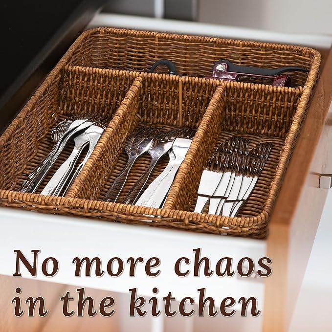 WeeNest Silverware Drawer Organizer, Kitchen Utensil Organizer, Toffee | Silverware Tray for Drawer, Wicker Silverware Organizer, Basket with Dividers, Utensil Holder, Forks Organizer for Drawer