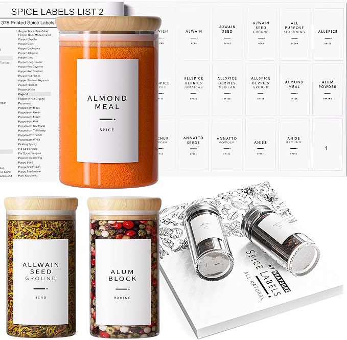 Neatsure 400 Minimalist Spice Labels, Preprinted Stickers Booklet, Black Text on White Waterproof Matte Backing, Herb Seasoning Spice Jars Rack Organization System