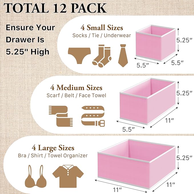 Simple Houseware Foldable Drawer Organizer for Clothes/Underwear/Panty/Onesie Stocking Bin, Set of 12, Pink