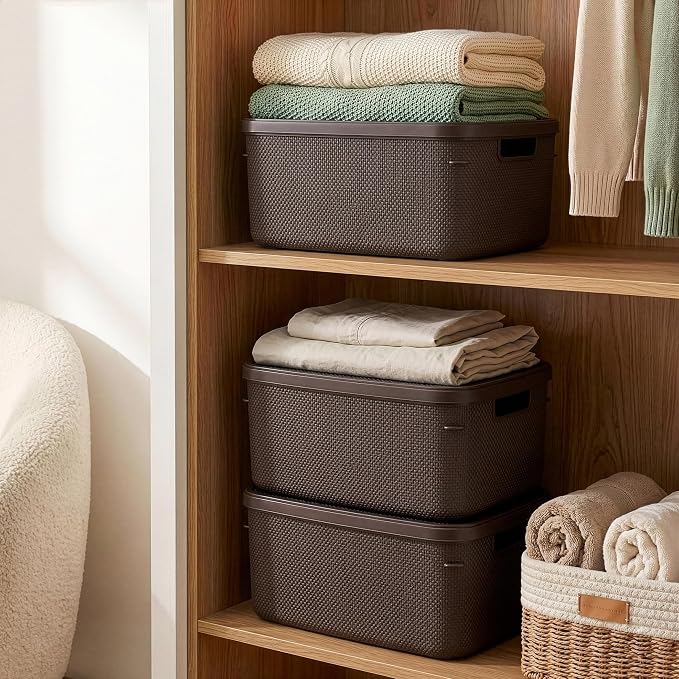 BINO | Plastic Storage Bins with Lids, 13 Liter - 3 Pack, Dark Brown | THE TWILL COLLECTION | Plastic Bins for Organization | Woven Storage Baskets for Organizing | Pantry Shelf Organizer Basket Bin
