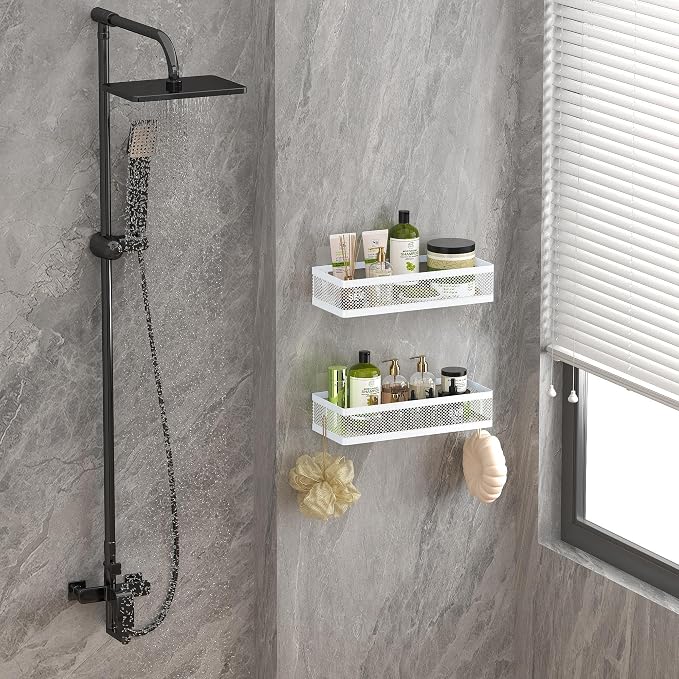 PUSDON Mesh Shower Caddy Wall Mount, Heavy Duty Adhesive Bathroom Shelf Organizer, Rustproof Floating Spice Rack for Kitchen Pantry, Holds 50 LBS, Multi-Purpose Storage White-2 Packs (Netting)