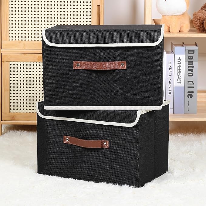 ANMINY 2PCS Storage Bin with Lid Storage Boxes with PU Leather Handles PP Plastic Board Decorative Foldable Lidded Cotton Linen Fabric Home Cubes Baskets Closet Organizer Container - Black, Medium