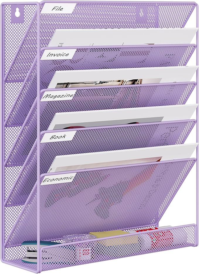 EasyPAG 5 Tier Wall File Holder, Mesh Hanging Folder Organizer with Classify Label, Versatile Desk File Holder, Vertical Wall Mounted Mail Organizer for Office Home Cubicle, Purple