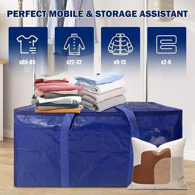 4 Pack Extra Heavy Duty Large Moving Bags with Strong Zipper & Carrying Handles, Sturdy Clothes Storage Bag Totes Bins, Packing Bags Moving Boxes College Moving Supplies, Dark Blue - 33 gal