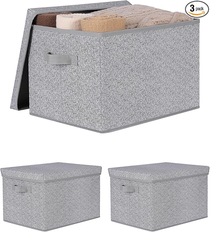 WUIKE Foldable Storage Bins with Lids, Storage Boxes with Handles, Closet Shelf Organizer, Fabric Storage Baskets with Cover for Bedroom, 3-Pack, Ash Gray, Extra Large