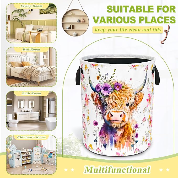 Highland Cow Laundry Basket Foldable Waterproof Oxford Cloth Funny Tote Bag Laundry Hamper Clothes Storage Bucket Organizer For Bathroom/Laundry Storage/Bedroom Storage Basket 18.9x16.5 Inch