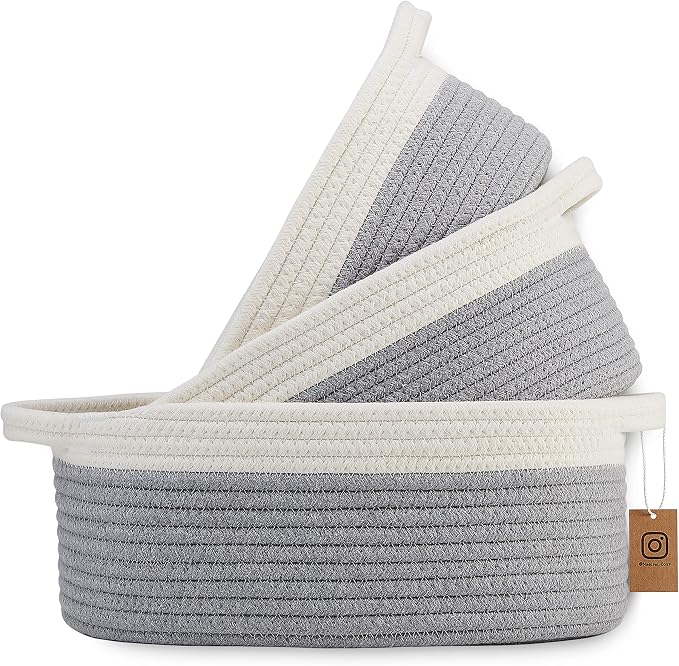 NaturalCozy 3-Piece Oval Storage Basket Set– Cotton Rope Woven Baskets for Storage, Gift Basket Empty, Toy Basket, Soft Baby Basket for Nursery, Cat Dog Toy Baskets, Small Basket (Off White & Gray)