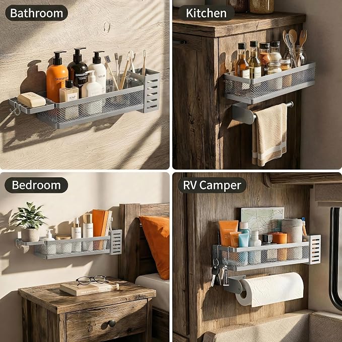 PUSDON 5-in-1 Wide Wall Mount Wrapped Mesh Kitchen Organizer & Shower Caddy Kit, with Paper Towel Holder, Utensil Holder, Soap Dish, Heavy Duty 50LBS - Silver Gray, Netting