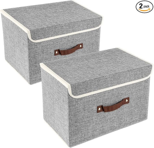 TYEERS Collapsible Storage Boxes, Washable Fabric Storage Bins with Lids, 14.9x9.8x9.8 inches, 2 Pack, Gray