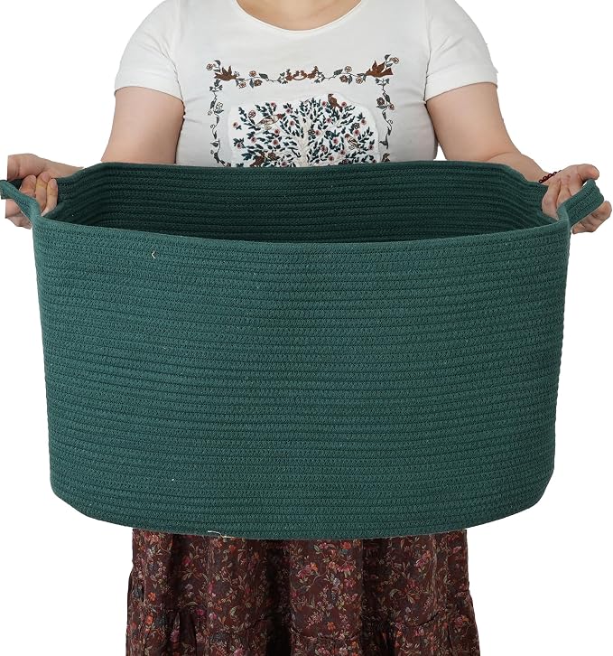 XUANGUO Large Rectangle Blankets Basket Living Room 22"x17"x12" Woven Cotton Rope Storage Basket for Nursery Toy Baskets for Kids and Dogs Wicker Laundry Baskets Bin for Clothes Towels dark green