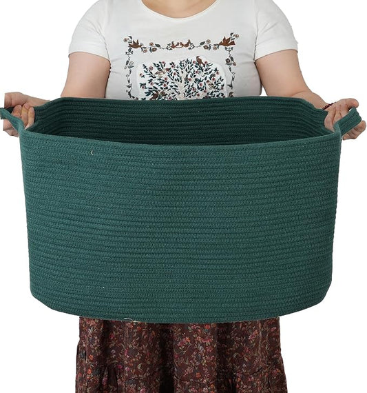 XUANGUO Large Rectangle Blankets Basket Living Room 22"x17"x12" Woven Cotton Rope Storage Basket for Nursery Toy Baskets for Kids and Dogs Wicker Laundry Baskets Bin for Clothes Towels dark green