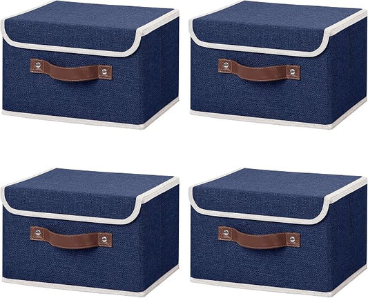 ANMINY 4PCS Storage Bins with Lid PU Leather Handles Storage Boxes PP Plastic Board Decorative Foldable Lidded Cotton Linen Fabric Home Cubes Baskets Closet Organizer Containers - Blue, Small Size