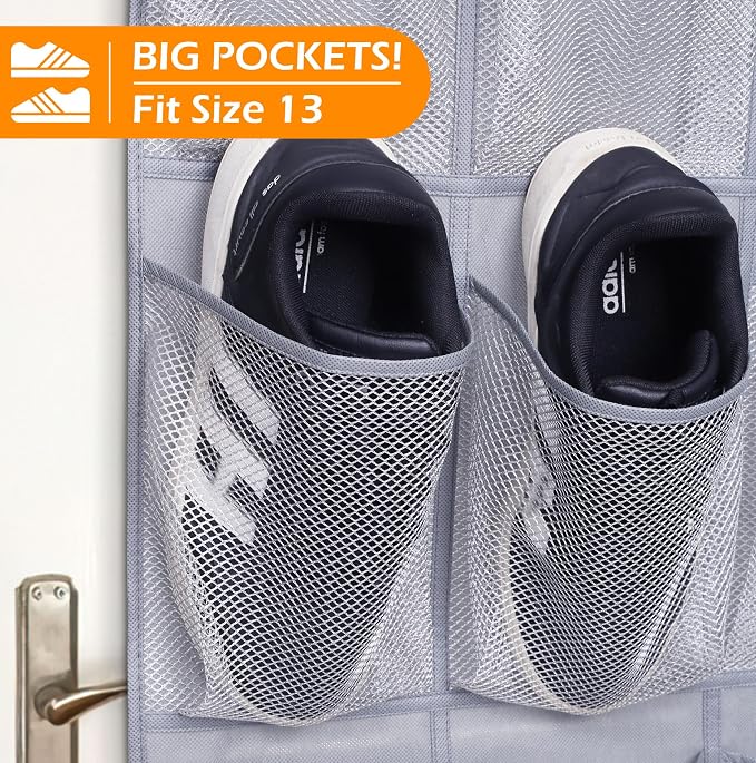 MISSLO 35 Large Pockets Over The Door Shoe Organizer Sturdy Oxford Fabric Hanging Shoe Rack for Door Mesh Closet Shoe Holder Hanger, Grey