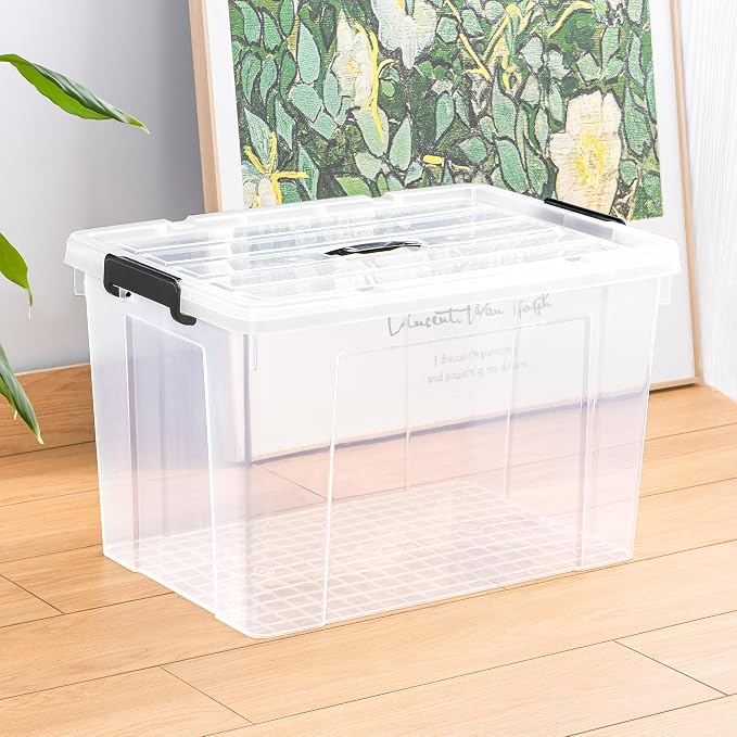 Cetomo Lidded Storage Bin with Handle, Tote Organizing Container with Wheels, Lid and Secure Latching Buckles, Stackable and Nestable, Plastic, 95 Quart-4 Pack, Clear