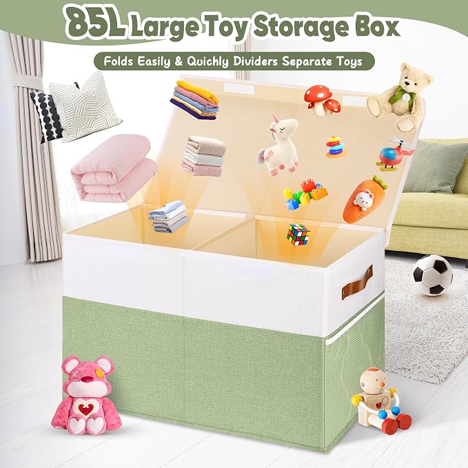 Large Toy Storage Box, Collapsible Sturdy Toys Storage Chest With Mesh, 25x13x16 Kids Toy Storage Organizer, Extra Large Toy Chest Box Bin Basket for Kids, Boys, Girls, Nursery (Green and White)