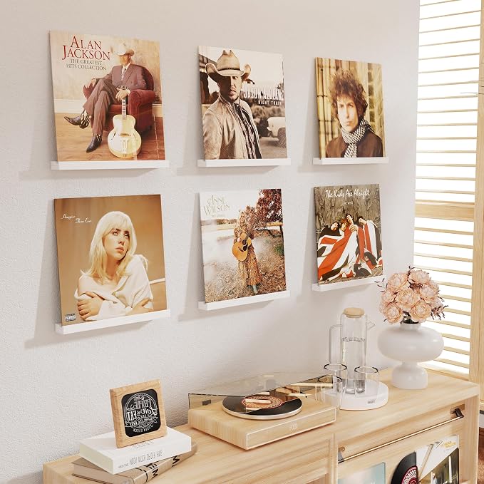 Emfogo Vinyl Record Shelf Wall Mount, 6 Pack Album Record Holder Wall, White12 inch Vinyl Record Storage Shelves Wall, Wood Record Display (Weathered White)