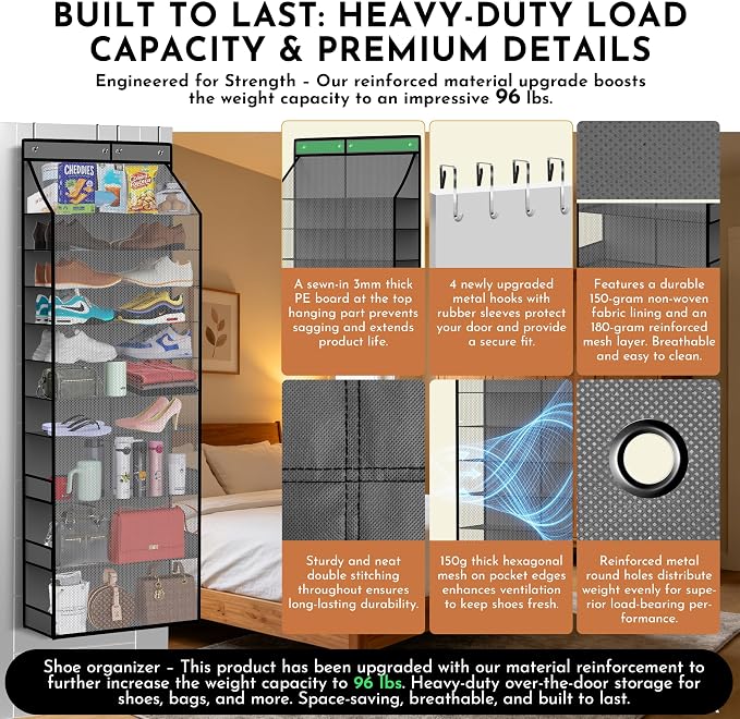 PAULONE Over the Door Organizer Heavy Duty – 96 Lbs Capacity 20 Pair Shoe Rack with Multi-Size Pockets Fits Tall Boots up to 11.8", Breathable Mesh, Metal Hooks – Also for Bags, Toys, Toiletries