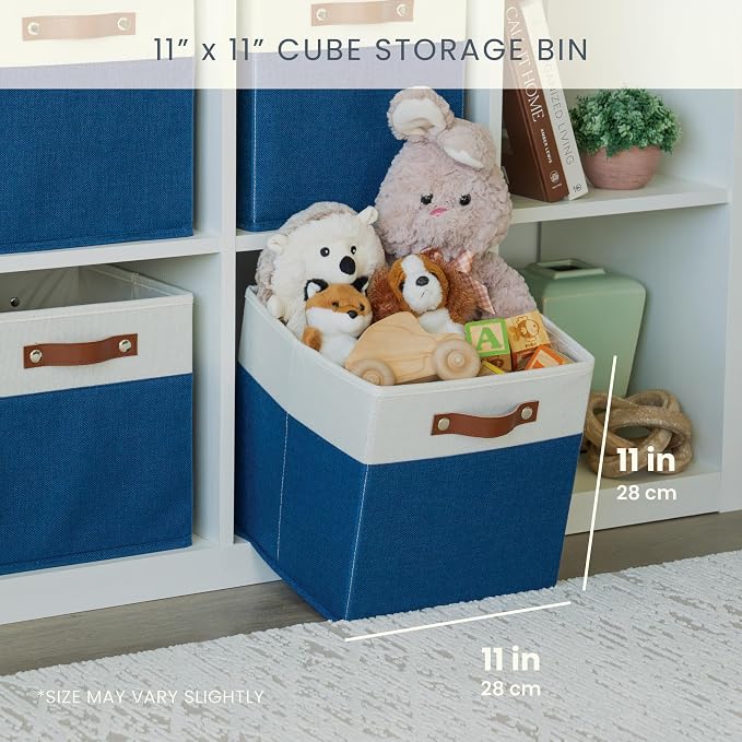 OrganiHaus 11x11 Cube Storage Bins, Set of 4 - Fabric Storage Cubes | Sturdy, holds its shape; odor-free; fits ClosetMaid 11-inch shelves; vegan leather handles