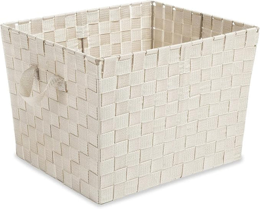 Whitmor Woven Storage Baskets with Metal Frame, 15x13x10 Inch Decorative Fabric Storage Bins with Handles, Rectangle Closet Organizers and Large Box for Shelves, Bedroom, Living Room, Latte