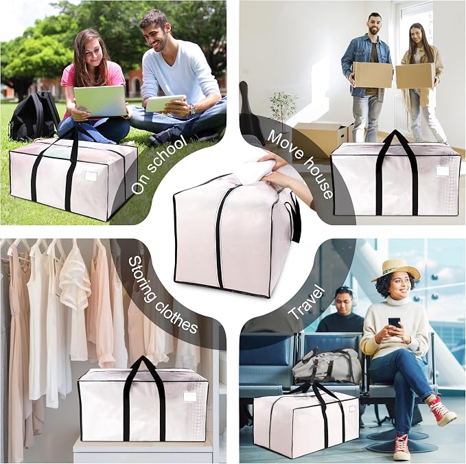 6 Pack Heavy Duty Extra Large Moving Bags W/Backpack Straps - Strong Handles & Zippers, Storage Totes For Space Saving, Fold Flat, Alternative to Box and Bin (40 gal, Semi-Transparent)