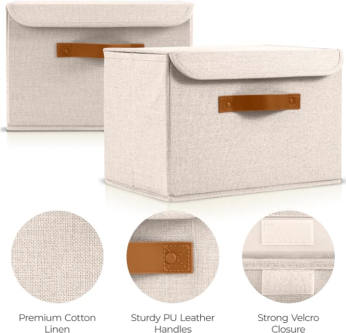 ZICOTO Decorative Linen Storage Boxes with Lids - Large Set of 2 Organizer Bins for Your Home Decor - The Perfect Container to Safely Store Photos, Documents and Memory Box Keepsakes in Style