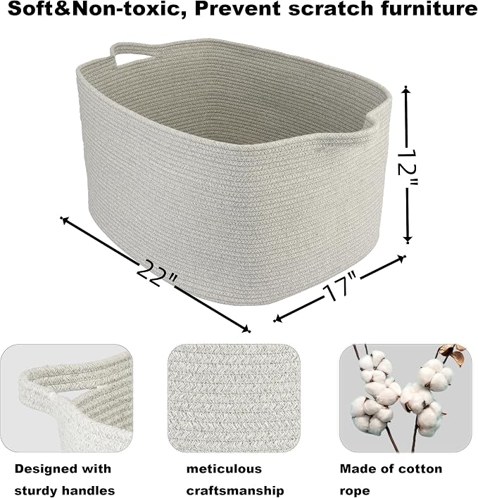 XUANGUO Large Rectangle Blankets Basket Living Room 22"x17"x12" Woven Cotton Rope Storage Baskets for Nursery Toy Baskets for Kids and Dogs Laundry Basket Bin for Clothes Towels grey