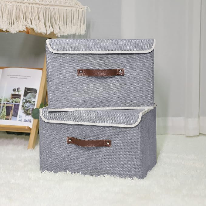 ANMINY Storage Bin with Lid Storage Boxes with PU Leather Handles PP Plastic Board Decorative Foldable Lidded Cotton Linen Fabric Home Cubes Baskets Closet Organizer Container - Gray, Medium