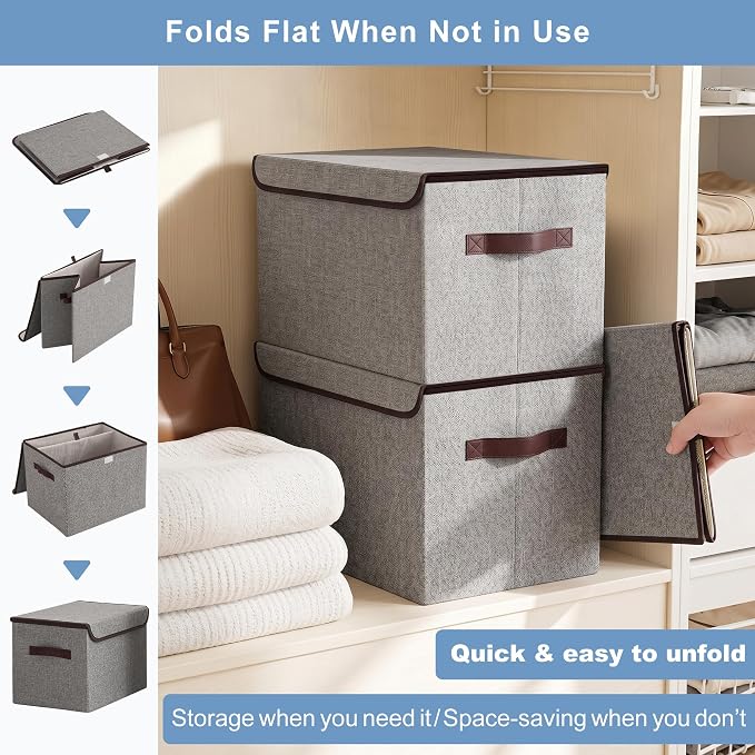 Bagnizer Large 22 Quart Linen Fabric Foldable Storage Bin Cube Organizer Basket with Flip-Top Lid & Handles, Clothes Blanket Box for Home, Office, Closet, Gray, 4 Pack 14.6 x 9.5 x 9.5”