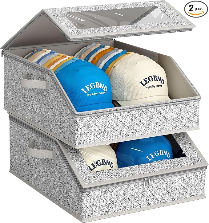 AOODA 2 PCS Sturdy Hat Storage for Baseball Caps, Holds up to 48 Caps Clear Hat Organizer for Closet, Bedroom, Wide Hat Box with Cardboard (Grey)