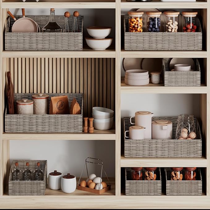 Rattan Storage Baskets, Handwoven Wicker Storage Bins with Built-in Handles, Storage Container Baskets for Shelves, Bedroom, Bathroom, Laundry Room or Kitchen(Grey)