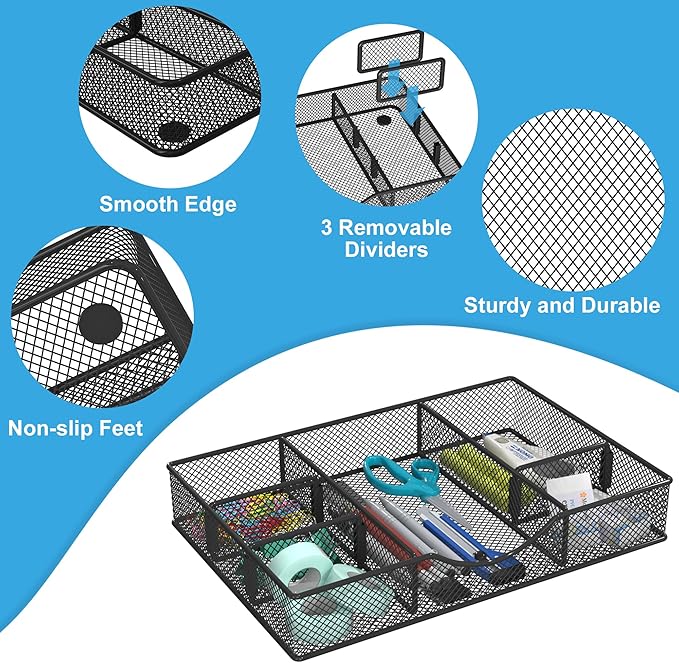 VyGrow Desk Drawer Organizer Tray, Metal Mesh Drawer Organizers Office, 6 Adjustable Compartment, Desk Organizer Tray for Home Office 12 x 8.26 x 1.96 inch, Black, 1 Pack