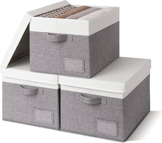 GRANNY SAYS Storage Bins with Lids, Linen Closet Storage Boxes, Collapsibe Storage Bins for Clothes, Storage Containers with Label Holder, 3-Pack, Gray&Ivory