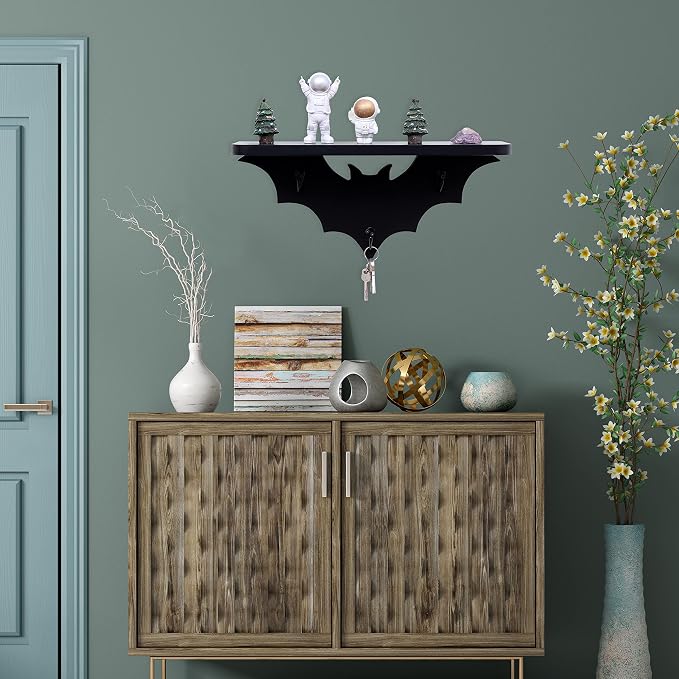 Bat Shelf Floating Shelves for Wall,15.5 inch Wall Shelf with 3 Key Hooks,Black Shelves for Living Room Bedroom Kitchen Gothroom
