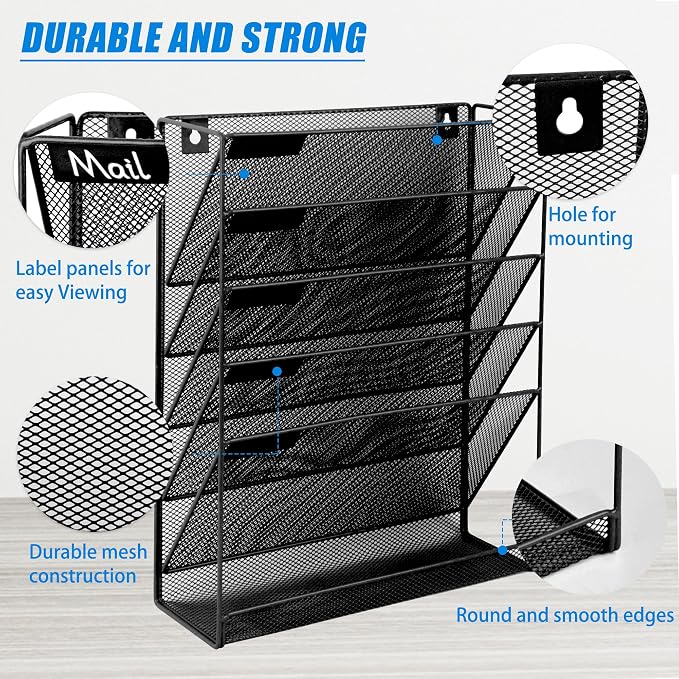 EASEPRES 5+1 Tier Mesh Desk File Organizer, Hanging Wall Mount Document Organization Stand, Desktop Vertical Mail Paper Folder Holder Rack with Bottom Tray for Office Home Cubicle, Black